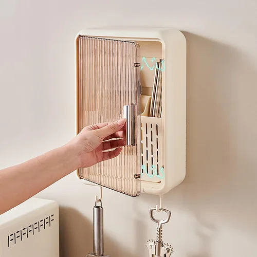 Vista 3 de TOPINCN Organizador de palillos montado en la pared, a prueba de polvo, almacenamiento de utensilios de cocina con tapa, adecuado para cucharones