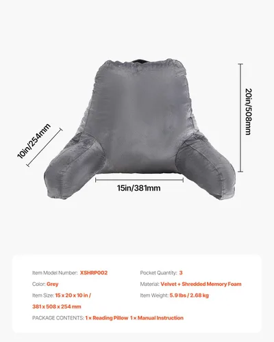 Vista 8 de VEVOR - Almohada de lectura, almohada grande para la espalda para sentarse en la cama con 3 bolsillos, almohada para sentarse en la cama con espuma