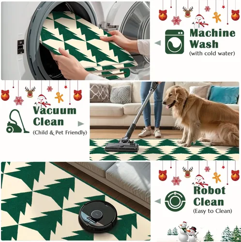 Vista 6 de COLLACT Alfombra de pasillo de Navidad de 2 x 10 pies, color verde sobre crema, alfombra de camino de árbol de Navidad, alfombra lavable, alfombra