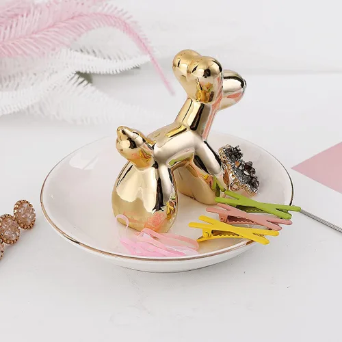 Vista 3 de Soporte de cartón dorado para anillos de perro, bandeja de joyería, collar, pulsera, organizador de cerámica, regalo de cumpleaños para novia, tía