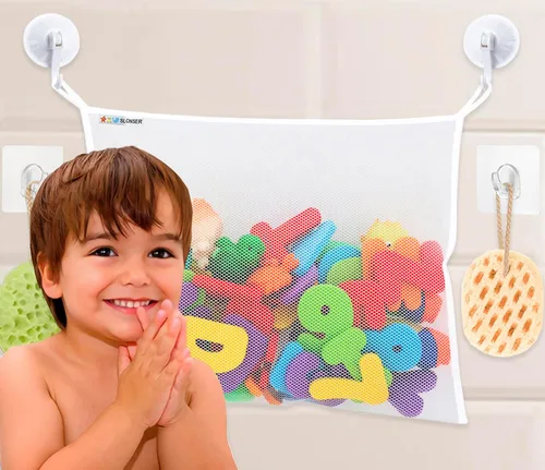 Vista 9 de Organizador de almacenamiento de juguetes de baño para bañera, soporte grande de malla para juguetes de baño y red de juguetes de baño, bolsa