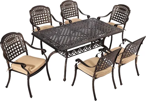 Vista 9 de TITIMO Juego de comedor de 7 piezas de aluminio fundido para patio, muebles de comedor al aire libre, juego de conversación de patio, mesa