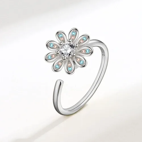 Vista 3 de Daisy Flower Spinner - Anillo abierto con circonita cúbica ajustable alivio del estrés anillos para los dedos antiansiedad preocupación promesa amor