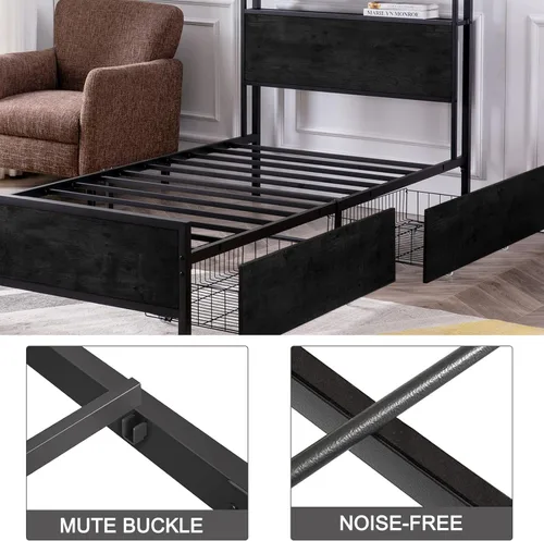 Vista 5 de GAZHOME Base de cama de tamaño individual con 2 cajones de almacenamiento, base de cama de plataforma con cabecera de almacenamiento, soporte