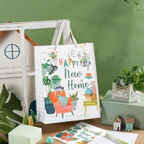 Vista 4 de Loveinside Bolsa de regalo para inauguración de la casa, diseño de hogar feliz con gato y plantas, bolsa de regalo de tamaño mediano con papel