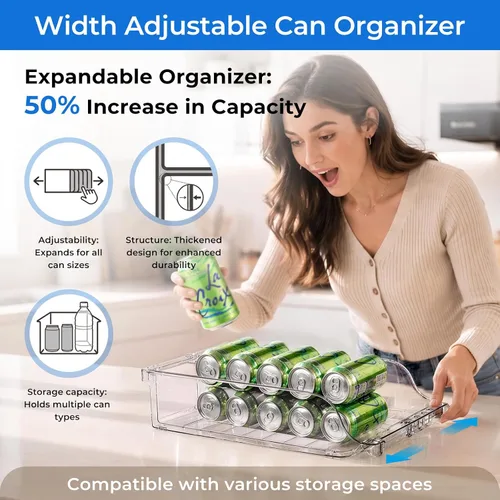 Vista 3 de Organizador de latas de soda ajustable de ancho transparente para refrigerador, dispensador de latas de soda expandible para cerveza, seltzer, Pop