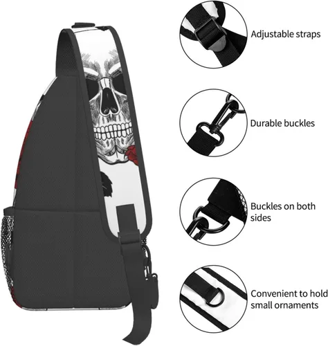 Vista 5 de Bandolera cruzada de girasol y bandera estadounidense para mujeres y hombres, bolsa de viaje para senderismo, bolsa de pecho, Rose and Skull
