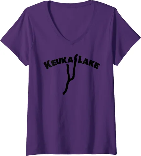 Vista 5 de Keuka Lake Upstate NY- Camiseta con cuello en V para mujer, Azul / Patchwork, S