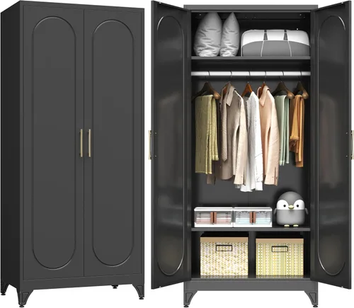Vista 17 de Armario de metal con 2 puertas, armario de 71 pulgadas de alto con puertas, barra para colgar, cajones y estantes ajustables, armarios