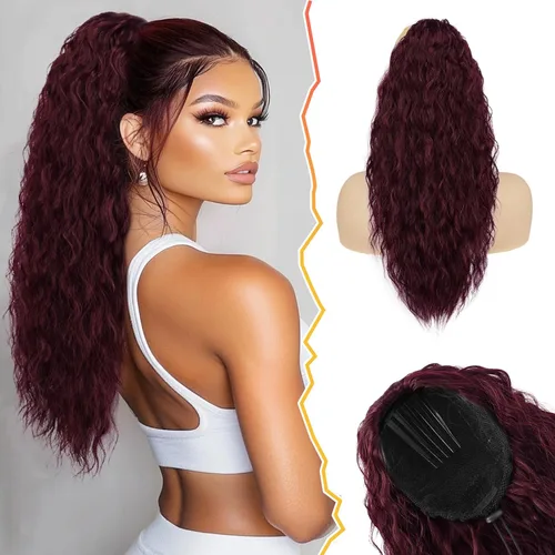 Vista 10 de BARSDAR Extensión de cola de caballo rizada ondulada con cordón negro marrón – 22 pulgadas de extensión de cabello sintético con peine de clip