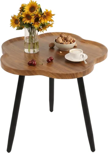 Vista 11 de Mesa auxiliar redonda negra, mesa decorativa con patas de metal con bandeja de madera, mesa auxiliar redonda pequeña para sala de estar, dormitorio