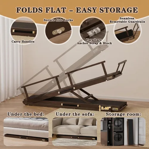 Vista 6 de Rampa para perros para cama, 7 niveles ajustables (13-37 pulgadas), rampa para perros de madera de abedul para cama alta, sofá, plegable de 60 Marrón