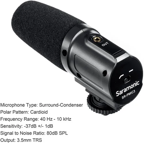 Vista 4 de Saramonic Micrófono de grabación envolvente SR-PMIC3 con montaje de choque integrado, filtro de corte bajo y funcionamiento sin batería para cámaras