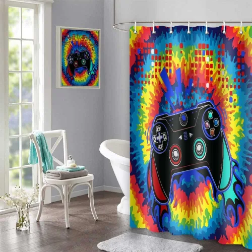Vista 5 de Gdmoon Cortina de ducha para niños, videojuegos, colorido graffiti hip hop para niños, gamepad negro, moderno, fresco, regalo para niños