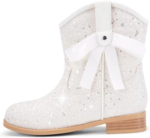 Vista 8 de Coutgo Botas vaqueras para niñas, botas de tacón bajo con purpurina, botas Azul