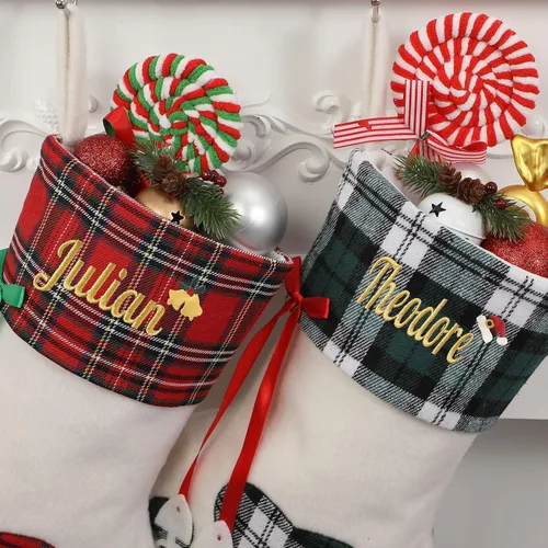 Vista 9 de 1 Pack Personalized Christmas Stockings for Kids,Custom Embroidered Name+Logo Pattern Burlap Plaid 3D Xmas Stockings 18'',Family Decoration 3d-04
