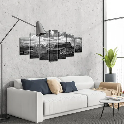 Vista 4 de LevvArts 7 piezas de arte de pared de granero en blanco y negro Moulton Barn impresiones de imágenes de paisaje Wyoming para decoración del hogar