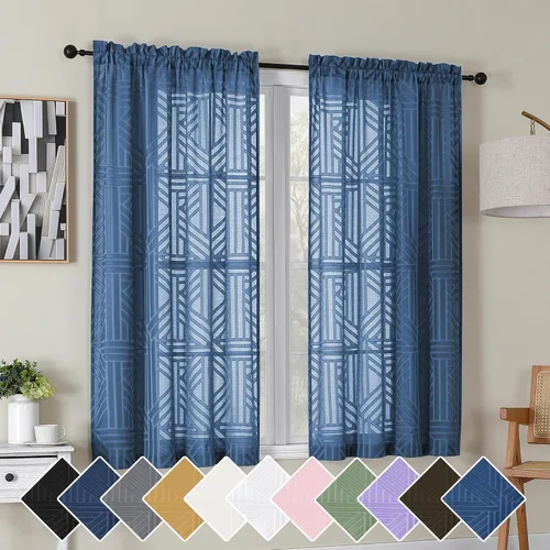 Vista 70 de Simplebrand Cortinas traslúcidas negras de cocina de 24 pulgadas de largo, 2 paneles, filtrado de luz, geométrico jacquard con textura, cortinas