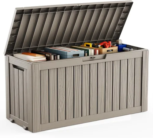 Vista 25 de DRATO Caja de almacenamiento para cubierta de 31 galones, caja de almacenamiento para exteriores para cojines de patio, herramientas de jardín, caja