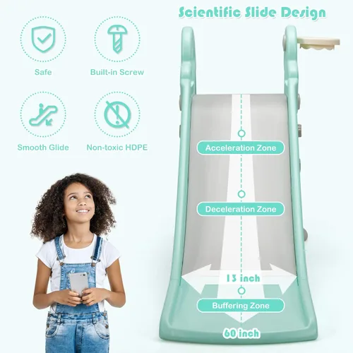 Vista 3 de Baby Joy Slide para niños, juego grande para escalador de juegos con pendiente de deslizamiento extralarga, aro de baloncesto y bola, regalo ideal