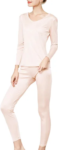Vista 3 de METWAY Pantalones largos de seda para mujer Conjuntos de ropa interior térmica de seda con cuello en V Ropa interior larga de seda de invierno