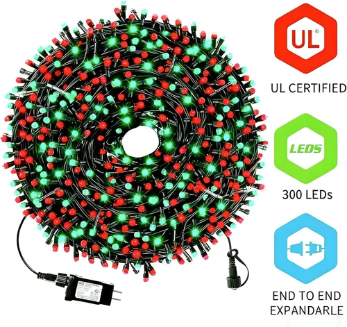Vista 4 de MZD8391 300 luces LED rojas y verdes de 105 pies, luces de Navidad para interiores y exteriores, luces de árbol de Navidad, decoraciones de fiesta