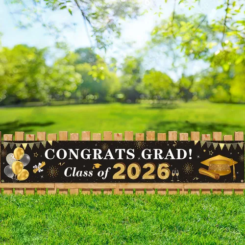 Vista 6 de Decoraciones de graduación 2026 Congrats Grad Class of 2026 - Cartel de graduación negro y dorado para patio, decoraciones colgantes para interiores