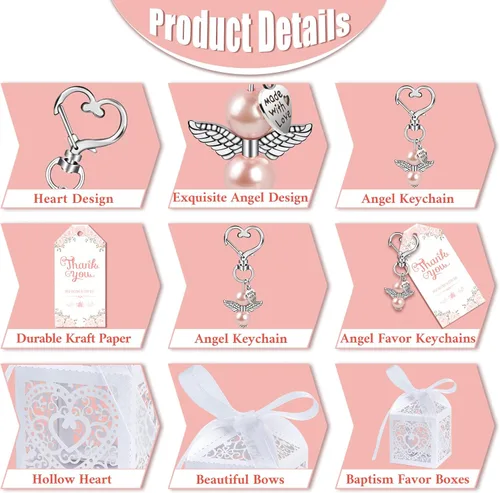 Vista 3 de OurWarm 48 regalos de baby shower, incluyendo bonitos llaveros de ángel, cajas de regalo y tarjetas de agradecimiento para regalos de bautismo