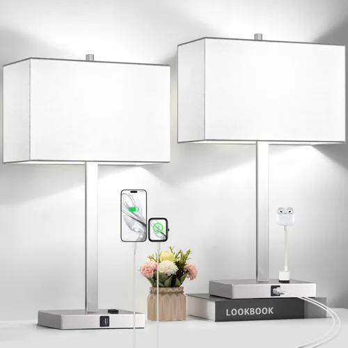 Vista 22 de Lynnoland Juego de 2 lámparas de noche de 21 pulgadas con tomas USB A+C y CA, control táctil, regulables de 3 vías, para dormitorio, sala de estar