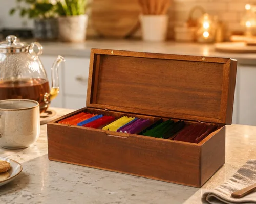 Vista 2 de SEVENY Caja organizadora de bolsas de té de madera con 4 compartimentos