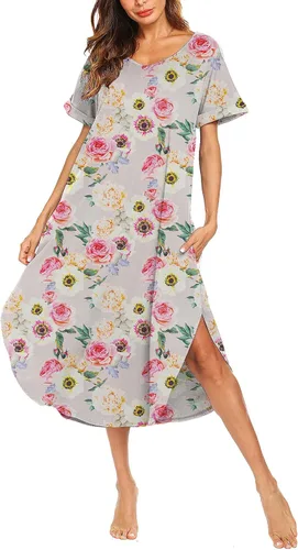 Vista 10 de AVIIER - Camisones de algodón para mujer, ropa de dormir suave con bolsillos, tallas S a XXL Negro Floewer 4