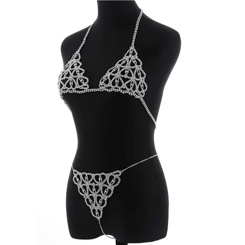 Vista 7 de Evild Cadena de cuerpo de cristal, brasier de bikini plateado, traje de cadena de playa, cintura de vientre, parte superior corta, ropa