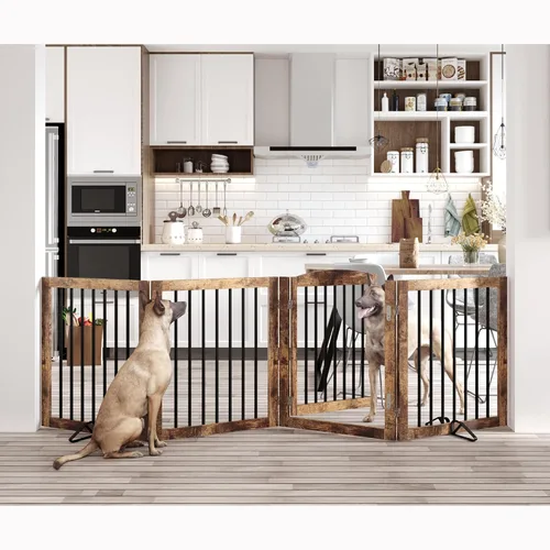 Vista 14 de Vantas Puerta plegable para mascotas de 80 pulgadas de ancho, 30 pulgadas de alto, puerta de madera para perros sin montaje con puerta pasante