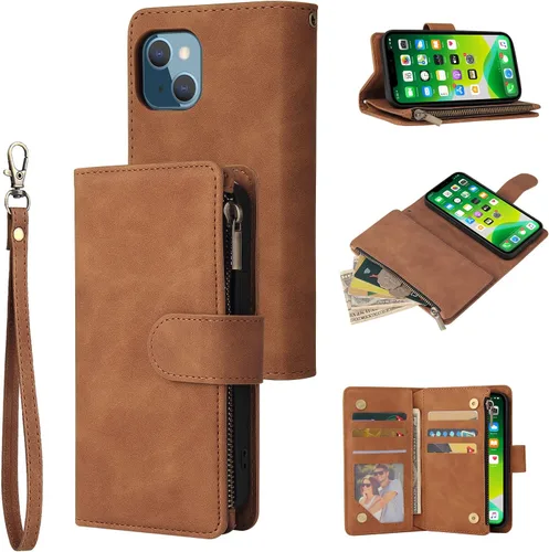 Vista 10 de UEEBAI Funda para iPhone 13 de 6.1 pulgadas, Cartera de piel sintética retro a prueba de golpes con función de soporte de ranuras para tarjetas Azul