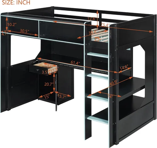 Vista 2 de Harper & Bright Designs Cama loft para juegos con escritorio integrado y luces LED, marco de cama de madera tamaño individual con cajón