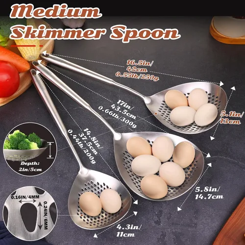 Vista 2 de Skimmer - Cuchara ranurada de acero inoxidable 304 de 16.5 pulgadas para pasta y araña, cuchara para cocinar y freír, cuchara coladora de metal