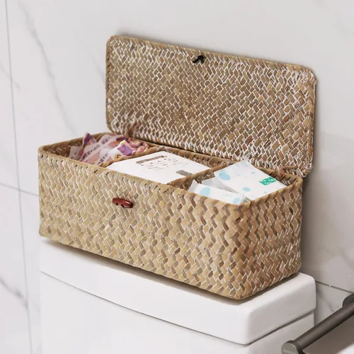 Vista 8 de Cesta de Almacenamiento de Seagrass Blanqueado con Tapa Tejida para Rollos de Papel Higiénico con Secciones Rectangular para Organizar Snacks