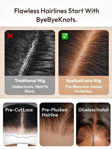 Vista 7 de UNICE Yaki Peluca de Cabello Humano Liso con Cordón y Flequillo Lateral Bye Bye Knots 7X5 Encaje Frontal Pelucas Sin Pegamento de Cabello Humano