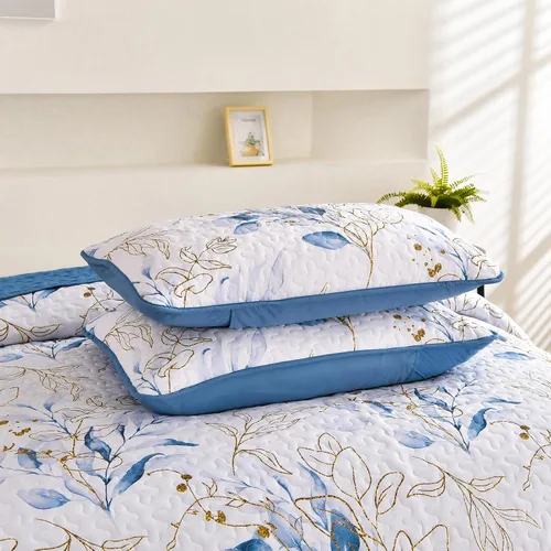 Vista 6 de Anibedding Juego de edredón botánico tamaño Full, 3 piezas reversible, elegante patrón de hojas azules, cubrecama colcha de microfibra suave