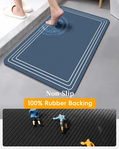 Vista 4 de Tapete de baño antideslizante, de 17 x 28 pulgadas, delgado, de secado rápido, absorbente, lavable, para suelo de baño, ducha, fregadero, uso Azul