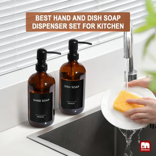 Vista 6 de Dispensador de jabón de vidrio ámbar GMISUN, juego de 2 dispensadores de jabón de mano para baño con bomba de acero inoxidable, juego de dispensador