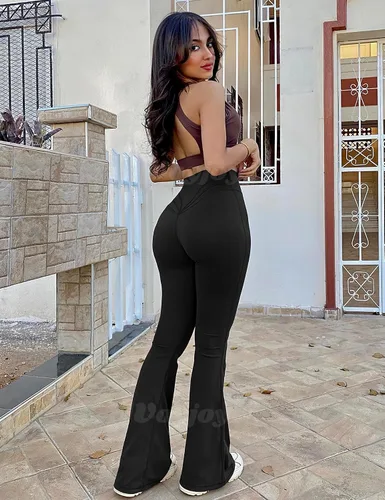 Vista 2 de VOYJOY Leggings acampanados para mujer, cintura alta, corte de bota, pantalones de yoga casuales, levantamiento de glúteos, leggings