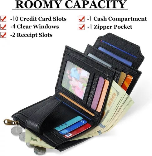 Vista 2 de Carteras de cuero para mujer con bloqueo RFID, billetera delgada, plegable, tarjetero con cremallera, bolsillo para monedas, ventana