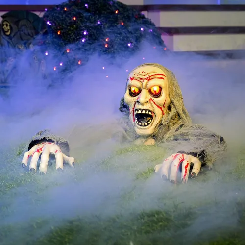 Vista 7 de JOYIN Decoraciones de Halloween para exteriores con luz zombi con manchas de sangre y sonido espeluznante para decoración exterior de Halloween