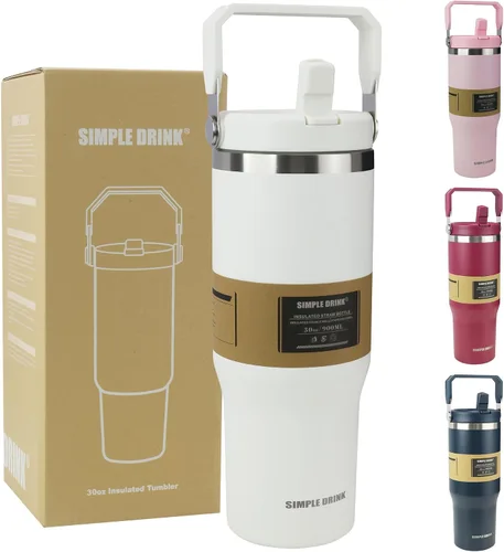 Vista 11 de Botella de agua aislada con pajilla abatible de 30 onzas con asa, vaso de acero inoxidable a prueba de fugas, taza de café de viaje al vacío