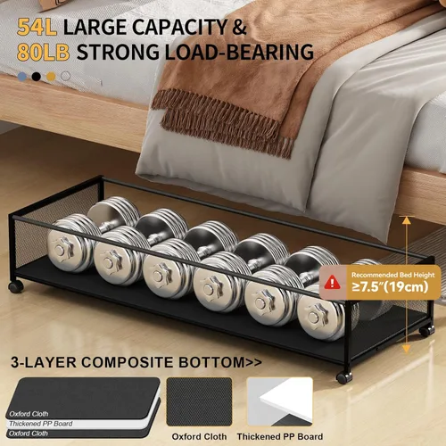 Vista 4 de Almacenamiento debajo de la cama con ruedas, contenedores de almacenamiento XXXL más grandes debajo de la cama con tapas transparentes, organizador