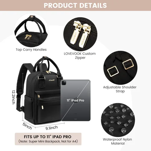 Vista 5 de LOVEVOOK Mini mochila para mujeres y niñas, elegante mochila impermeable con puerto USB, bonita mochila para la escuela, viajes, fiestas, Negro