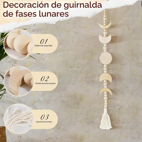 Vista 2 de Colgante de pared de fase lunar de madera, decoración de dormitorio celestial estética bohemia para el hogar (beige)