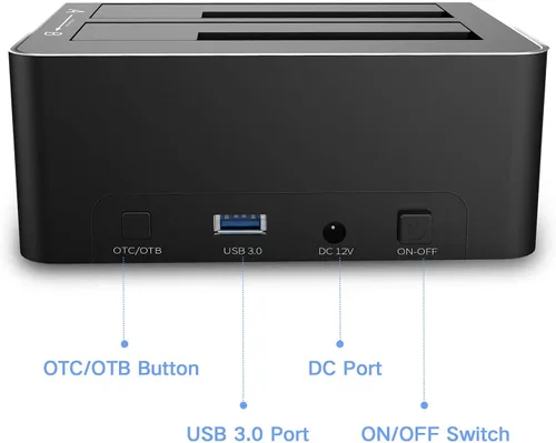 Vista 6 de Estación de acoplamiento para disco duro RSHTECH USB 3.0 Aluminio Dual Bay Hard Drive Dock para 2.5" y 3.5" SATA HDD SSD con lector de tarjetas