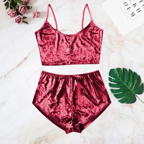 Vista 3 de Lencería sexy con tirantes delgados para mujer, lencería sexy de terciopelo, camisola con lazo, conjunto de brasier y ropa interior traviesa